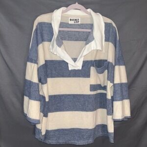 Bucket List Blue Cream Striped Rugby Collar Oversized Knit Top Large